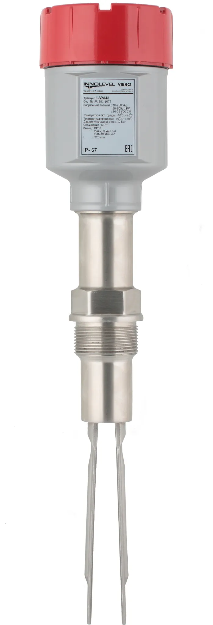 Вибрационный датчик предельного уровня сыпучих материалов в алюм. корпусе, -40 +150 С, Pmax=10 bar, 22-265 VAC - 20-46 VDC, IP 67, чувств. от 10 г/л, соединение- резьба G 1 1/2", нерж. сталь 304, удлинение 600 мм, нерж. сталь 304, выход- реле DPDT