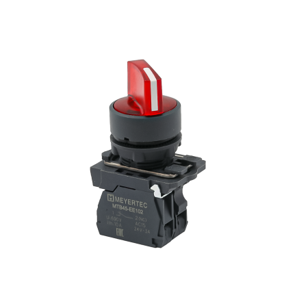 Переключатель  на 2 положения с фиксацией и подсветкой,  красный, 1NС, 24V AC/DC, IP65. пластик